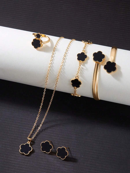 Elegant Black Flower Jewelry Set 5-Piece Gold-Plated Design